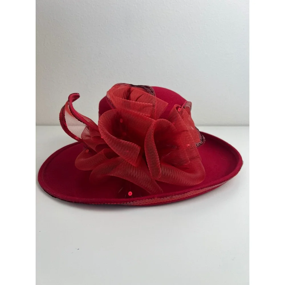 Vintage Deborah Fashions Red 100% Wool Church Formal Derby Wide Brim Hat USA